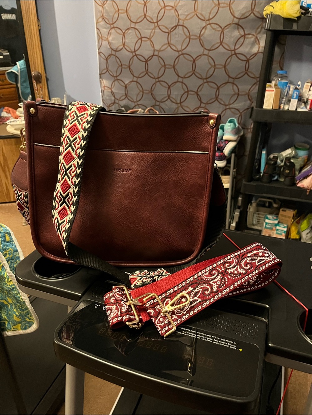 Burgundy Crossbody Bag with Patterned Strap